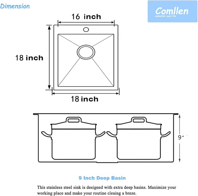 Comllen 18x18 Inch Drop in Bar Sink,Top Mount Handmade 16 Gauge Stainless Steel Small Kitchen Sink,9 Inch Deep Single Bowl Workstation Wet Bar Sink with Stainless Steel Grid & Strainer