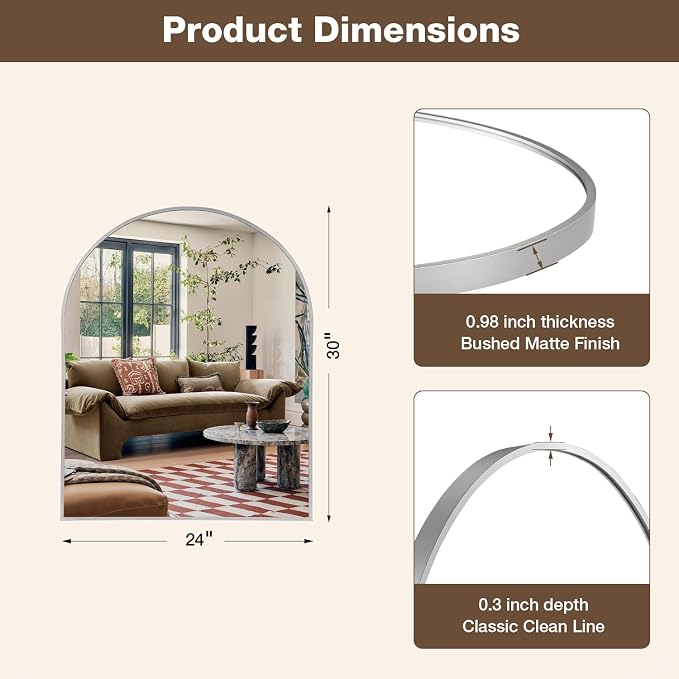24"x30" Brushed Nickel Arched Vanity Bathroom Mirror, Set of 2 | Aluminum Alloy Frame, Clear Reflection, Rust-Resistant, Vertical or Horizontal, Wall Mount, Bedroom and Entryway