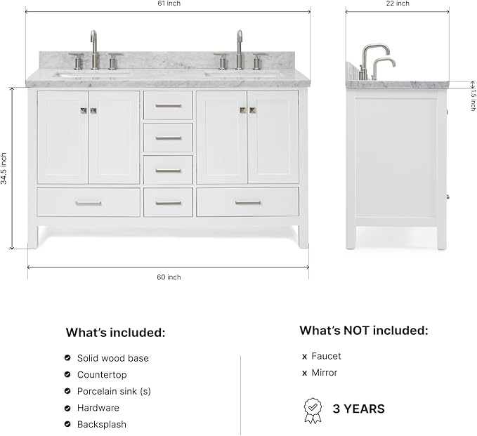 ARIEL Cambridge 60-inch Bathroom Vanity with Sink,Solid Wood, 1.5-inch Italian Carrara Marble Countertop, Double Rectangular Porcelain Sink, 4 Soft Closing Doors, 6 Dovetail Drawers, White