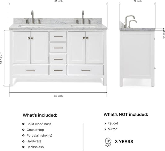 ARIEL Cambridge 60-inch Bathroom Vanity with Sink,Solid Wood, 1.5-inch Italian Carrara Marble Countertop, Double Rectangular Porcelain Sink, 4 Soft Closing Doors, 6 Dovetail Drawers, White