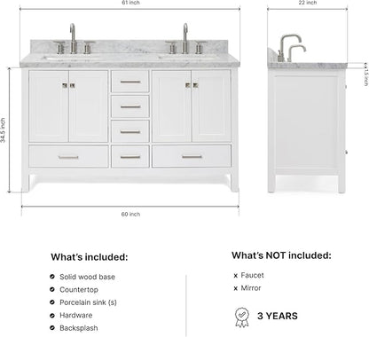 ARIEL Cambridge 60-inch Bathroom Vanity with Sink,Solid Wood, 1.5-inch Italian Carrara Marble Countertop, Double Rectangular Porcelain Sink, 4 Soft Closing Doors, 6 Dovetail Drawers, White