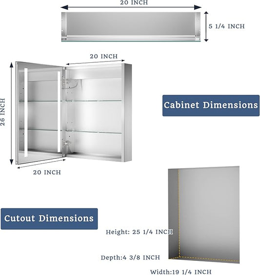 ExBrite LED Lighted Bathroom Medicine Cabinet with Mirror, 20 x 26 Inch, Recessed or Surface Mount, Anti-Fog, Stepless Dimming, Color Temperature Adjustment, 2 Outlets, Storage Shelves, Right Hinge