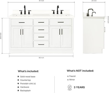 DKB Isabella 60" White Double Bathroom Vanity with Sink, 1.5" Edge Pure White Quartz Countertop, Rectangular Sinks, 4 Soft Closing Doors, 4 Full Extension Dovetail Drawers