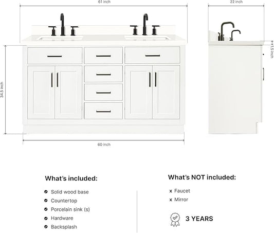 DKB Isabella 60" White Double Bathroom Vanity with Sink, 1.5" Edge Pure White Quartz Countertop, Rectangular Sinks, 4 Soft Closing Doors, 4 Full Extension Dovetail Drawers