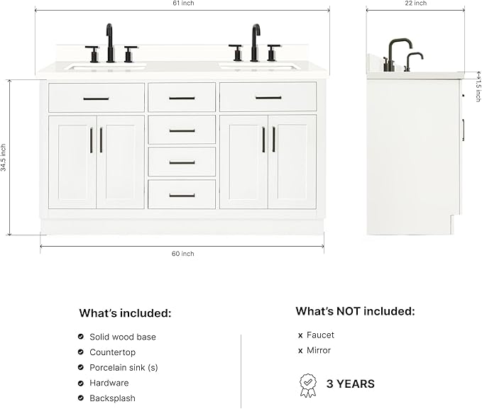 ARIEL Hepburn 60-inch Bathroom Vanity with Sink,Solid Wood, 1.5-inch Pure White Quartz Countertop & Backsplash, Double Rectangular Porcelain Sink, 4 Soft Closing Doors, 6 Dovetail Drawers, White