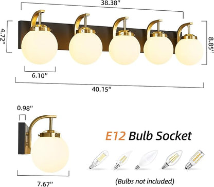 5-Light Bathroom Vanity Light Fixtures Sand Black Gold Vanity Lights Over Mirror Modern Wall Sconce with Milk White Glass Globe Lampshade for Lving Room Dining Room Corridor Powder Room