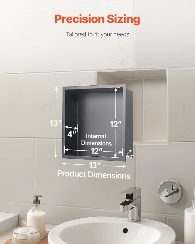 VEVOR Shower Niche, 13 x 13 x 4 inch Recessed Wall Niche, Heavy-Duty Stainless Steel Modern Soap & Shampoo Storage Organizer, Sealed Waterproof, Durable & Easy to Install,Black for Bathroom
