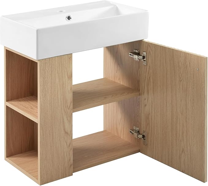 21.6 in Floating Bathroom Vanity with Sink,Soft Closing Doors,Solid Wood Frame & MDF Modern Single Small Natural Wood Bathroom Vanity Cabinet with Open Shelf,Wall Mounted
