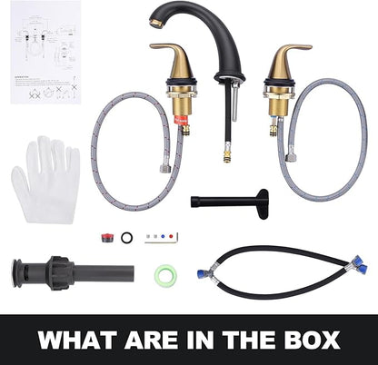 Aleasha Bathroom Sink Faucet 3 Holes Black Gold, Widespread Bathroom Faucet, Washroom Faucets with Pop Up Drain, Washroom Sink Faucets with 304 Stainless Steel Lead-Free Hose