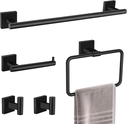 5 Pieces Matte Black Bathroom Hardware Set Black Towel Bar Set for Bathroom SUS304 Stainless Steel Wall-Mounted Towel Racks Set 23.6 Inch