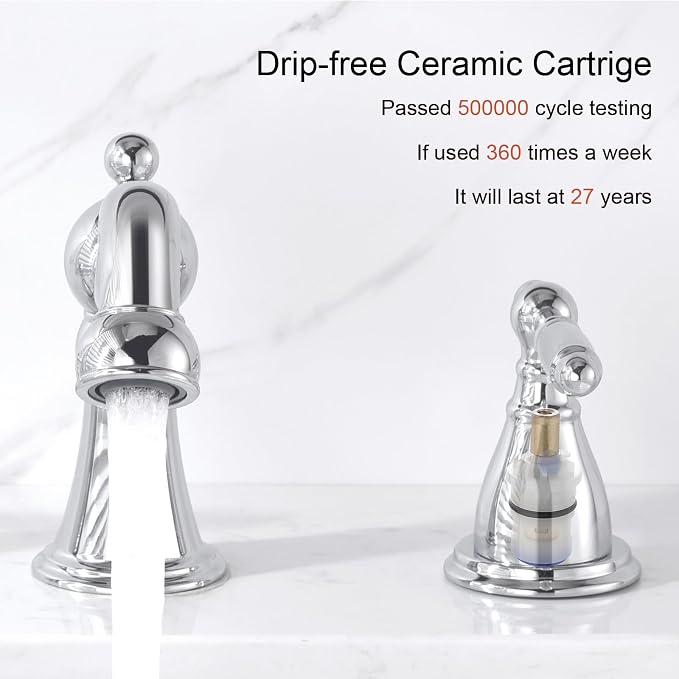RKF Bathroom Faucets for Sink 3 Chrome 8 inch Widespread Bathroom Sink Faucet with Drain Double Lever Handle Faucet Bathroom Vanity Faucet Basin Mixer Tap WF013-C