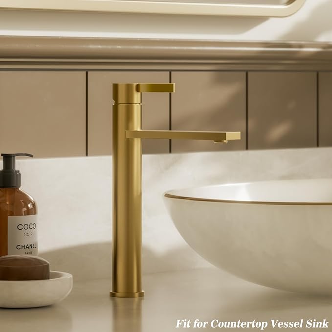 1 Hole Tall Bathroom Vessel Sink Faucet, Brushed Gold Single Hole Single Handle Vanity Faucet, with Pop Up Drain and Water Supply Line, FH02-BG-V