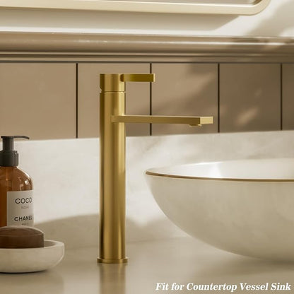 1 Hole Tall Bathroom Vessel Sink Faucet, Brushed Gold Single Hole Single Handle Vanity Faucet, with Pop Up Drain and Water Supply Line, FH02-BG-V