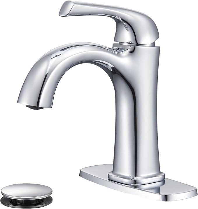 Polished Chrome Single Hole Bathroom Faucet, Single Handle Brass Bathroom Sink Faucet, Lavatory Vanity Faucet for 1 or 3 Holes, Bathroom Faucets with Pop Up Drain and Supply Lines, Deck Plate