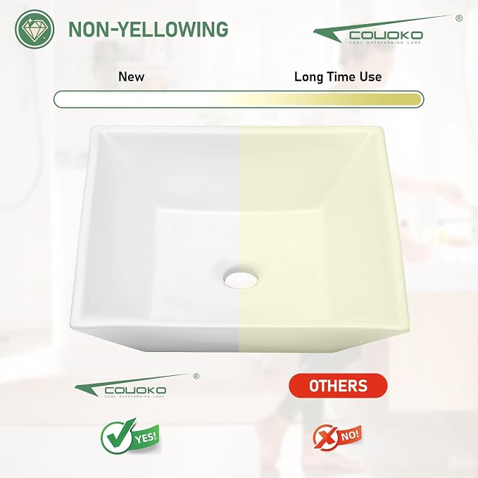 16x16 Inch White Rectangle Vessel Bathroom Sink | Ceramic, Above Counter, Rectangular Shape, Easy to Clean, Recommended Installation, Ideal for Bathroom, Lavatory, Vanity