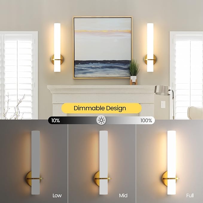 Gold Bathroom Wall Sconces Set of 2: 18 Inch Modern Sconces Wall Lighting 18W LED Dimmable Wall Light with Acrylic Lampshade, Brushed Gold Sconces for Bedroom Living Room Hallway (Hardwired)