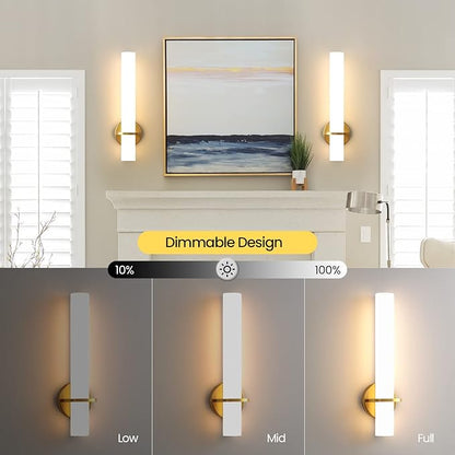 Gold Bathroom Wall Sconces Set of 2: 18 Inch Modern Sconces Wall Lighting 18W LED Dimmable Wall Light with Acrylic Lampshade, Brushed Gold Sconces for Bedroom Living Room Hallway (Hardwired)