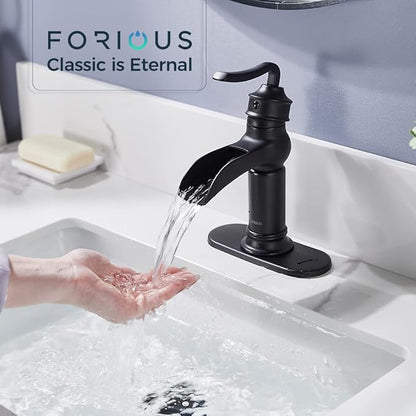 FORIOUS Black Waterfall Bathroom Faucet, Single Handle Antique Bathroom Sink Faucet with Deck Plate, Lead-Free CUPC Hose and Metal Pop-up Drain for 1 Hole or 3 Hole Farmhouse, Lavatory, Vanity