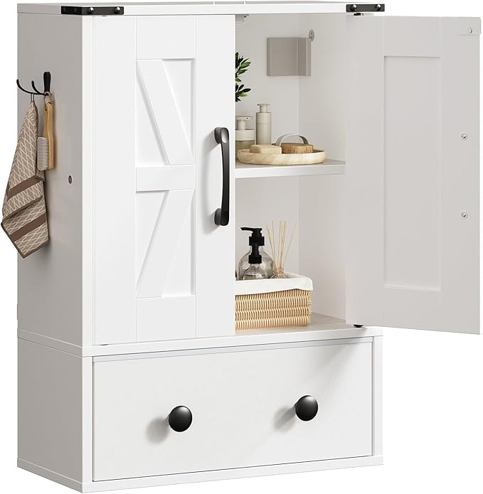 Bathroom Wall Cabinet, Medicine Cabinet with Fabric Drawer, Double-Door Wall Mounted Storage Cabinet, 2 Hooks, Over The Toilet Space Saver Storage Cabinet, for Bathroom, Kitchen, White