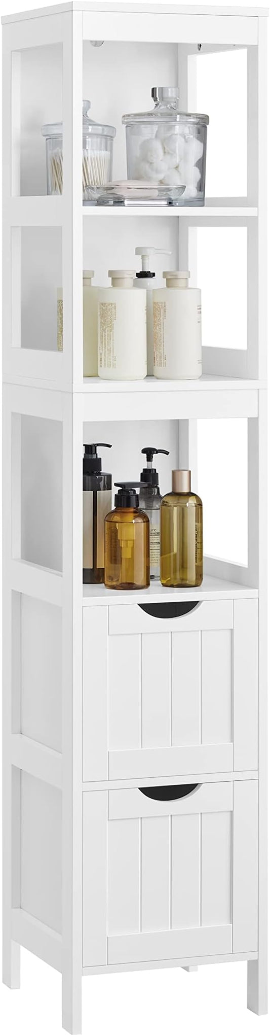 VASAGLE Bathroom Floor Cabinet, Bathroom Storage Organizer Rack Stand, Multifunctional Corner Unit, 2 Drawers, 55.7 Inches in Height, White UBBC066WH01S