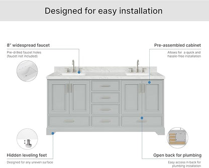 ARIEL Stafford 72-inch Bathroom Vanity with Sink,Solid Wood, 1.5-inch Italian Carrara Marble Countertop, Double Rectangular Porcelain Sink, 4 Soft Closing Doors, 6 Dovetail Drawers, Grey