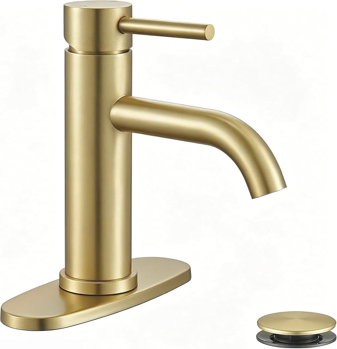 Brushed Gold Single Handle Bathroom Sink Faucet, 1/3 Hole Installation, Lead-Free Stainless Steel, Includes Pop-up Drain & Flexible Supply Lines, for Vanity, Modern Farmhouse and RV Sinks