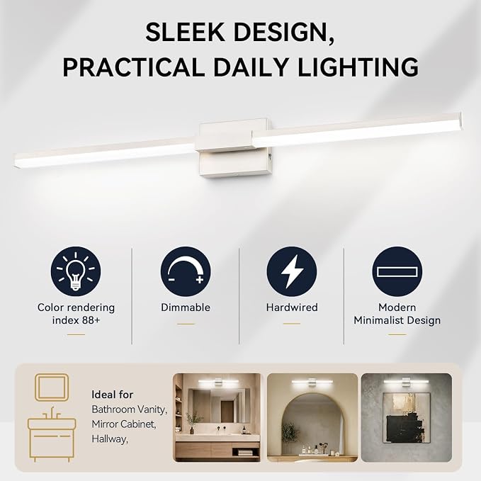 SOLFART Bathroom Light Fixture 40-Inch: Brushed Nickel Dimmable Vanity Lights for Bathroom, Built-in Dimmer, Thickened Aluminum Body, 360 Degree Rotation, ETL IP44