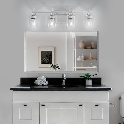 4-Light Modern Bathroom Vanity Light,Brushed Nickel Light Fixtures for Bathroom,Modern Wall Light Over Mirror with Glass E26 Socket (Bulbs Not Included)
