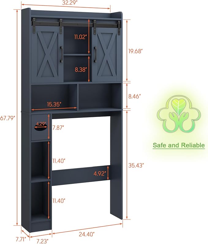 Vabches Over The Toilet Storage Cabinet with Sliding Doors, Blue | Farmhouse Storage Cabinet Over Toilet, Home Space-Saving Toilet Rack, Toilet Paper Holder Stand,for Restroom,Bathroom,Laundry