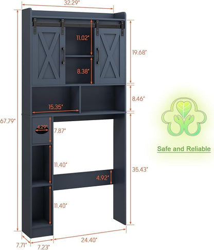 Vabches Over The Toilet Storage Cabinet with Sliding Doors, Blue | Farmhouse Storage Cabinet Over Toilet, Home Space-Saving Toilet Rack, Toilet Paper Holder Stand,for Restroom,Bathroom,Laundry