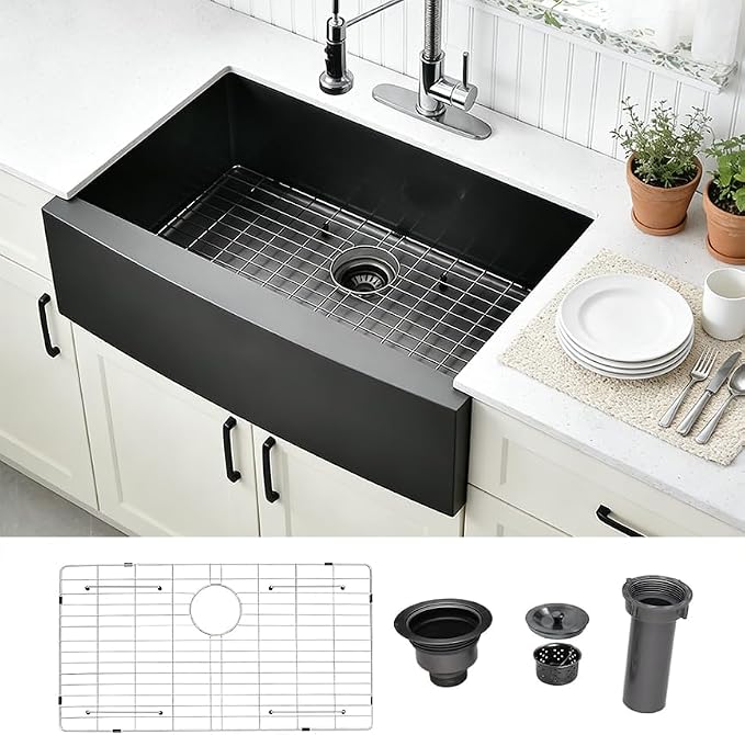 Black Farmhouse Sink 33 Inch, 33x22 Apron Front Farmhouse Kitchen Sink, 16 Gauge Stainless Steel Undermount Deep Single Bowl Luxury Rustic Farm Sinks with Dish Grid and Drainer