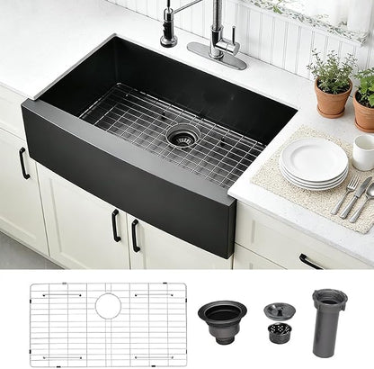 Black Farmhouse Sink 33 Inch, 33x22 Apron Front Farmhouse Kitchen Sink, 16 Gauge Stainless Steel Undermount Deep Single Bowl Luxury Rustic Farm Sinks with Dish Grid and Drainer