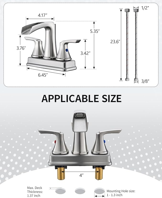 Fapully Bathroom Faucet, Waterfall Bathroom Sink Faucet Widespread, 4 Inch Centerset Brushed Nickel Faucet for Bathroom Sink with Pop-up Drain