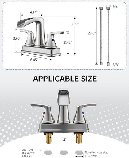 Fapully Bathroom Faucet, Waterfall Bathroom Sink Faucet Widespread, 4 Inch Centerset Brushed Nickel Faucet for Bathroom Sink with Pop-up Drain