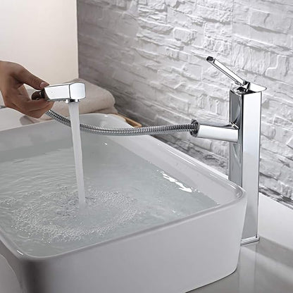 KAIYING Bathroom Pull Down Vessel Sink Faucet, Lavatory Single Hole Basin Sink Faucet with Pull Out Sprayer, Single Handle Utility Mixer Tap with Rotating Spout (Tall, Chrome)