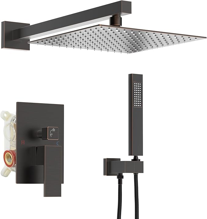 Homevacious Shower System Oil Rubbed Bronze Rainfall Shower Head Faucet And Handle Set 10 Inch with Handheld Spray Mixer Wall Mounted Bathroom Combo Set Rough-in Valve Body Trim Included