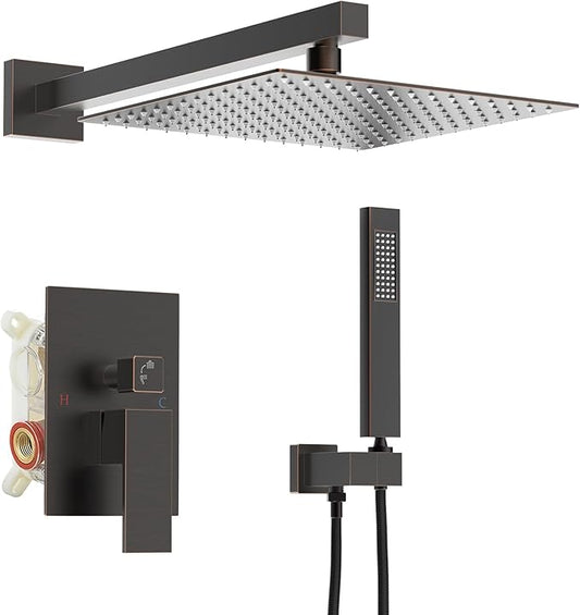 Homevacious Shower System Oil Rubbed Bronze Rainfall Shower Head Faucet And Handle Set 10 Inch with Handheld Spray Mixer Wall Mounted Bathroom Combo Set Rough-in Valve Body Trim Included