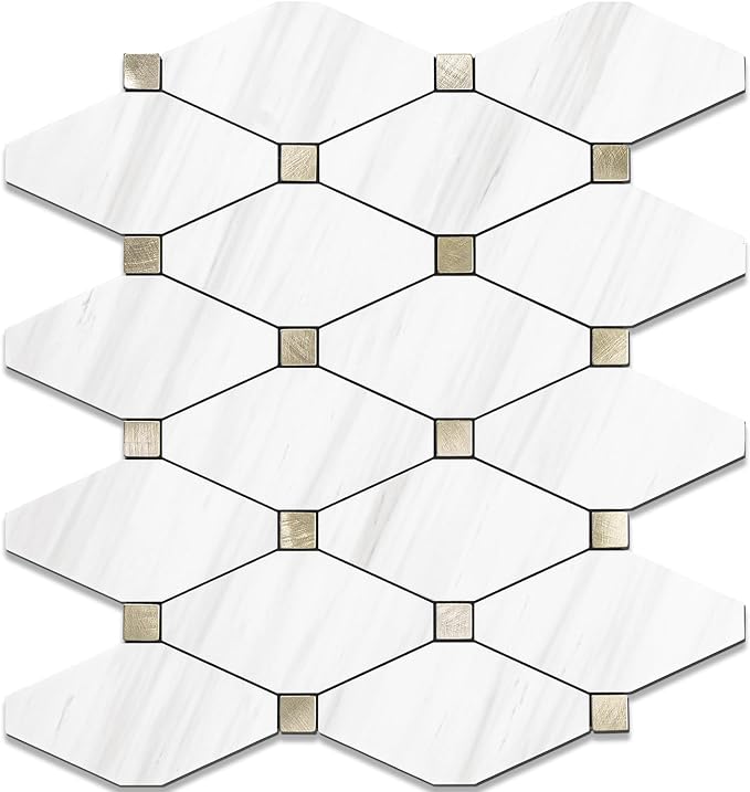 STICKGOO 1 Sheet Peel and Stick Dolomite Mosaic Tile, White Marble Look PVC Mixed Metal Gold Kitchen Backsplash for Fireplace, RV
