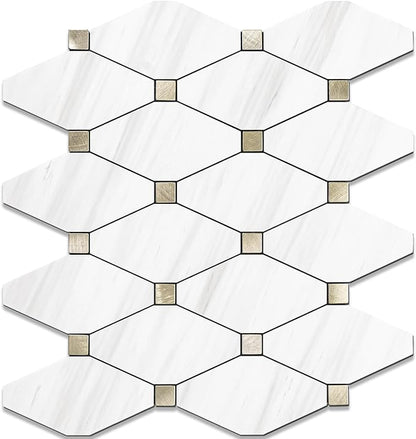 STICKGOO 1 Sheet Peel and Stick Dolomite Mosaic Tile, White Marble Look PVC Mixed Metal Gold Kitchen Backsplash for Fireplace, RV
