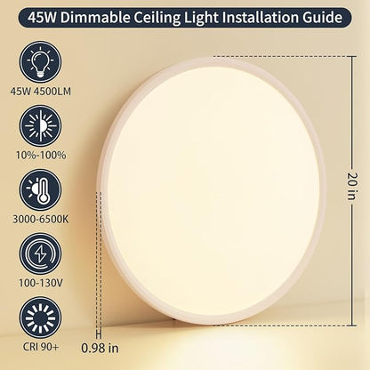 20 Inch Flush Mount Ceiling Light with Remote, 45W Dimmable LED Fixture 4500LM, 3000K-6500K Adjustable, Round Ceiling Lamp for Bedroom, Kitchen, Living Room, Dining Room, Bathroom, White