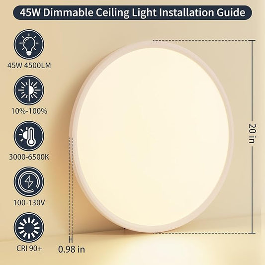 16 Inch Dimmable Ceiling Light Flush Mount 36W Remote Control LED Fixture 3600LM 3000K-6500K Adjustable Round Bright Lamp for Bedroom Kitchen Living Room Dining Bathroom White