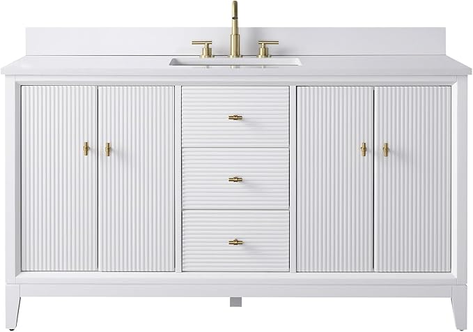 Vanity Art 60" Bathroom Vanity with Single Sink & Arabescato White Engineered Stone Top, Vanity Cabinet with Soft Closing Door, Solid Wood Frame, Golden Brushed Handles, White VA8160S-W-GB