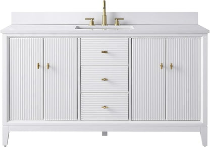 Vanity Art 60" Bathroom Vanity with Single Sink & Arabescato White Engineered Stone Top, Vanity Cabinet with Soft Closing Door, Solid Wood Frame, Golden Brushed Handles, White VA8160S-W-GB