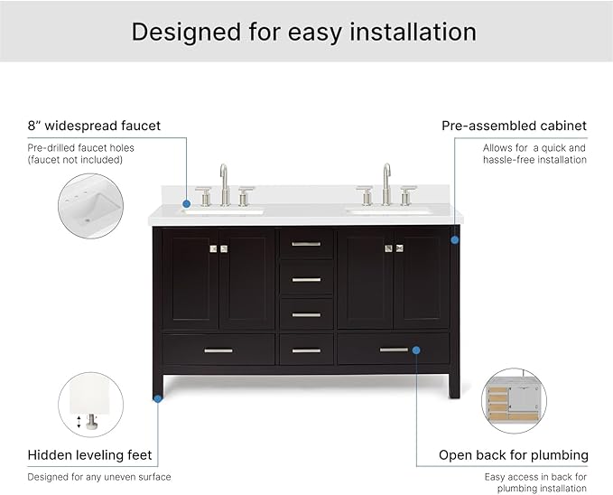 ARIEL Cambridge 60-inch Bathroom Vanity with Sink,Solid Wood, 1.5-inch Pure White Quartz Countertop, Double Rectangular Porcelain Sink, 4 Soft Closing Doors, 6 Dovetail Drawers, Espresso
