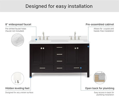 ARIEL Cambridge 60-inch Bathroom Vanity with Sink,Solid Wood, 1.5-inch Pure White Quartz Countertop, Double Rectangular Porcelain Sink, 4 Soft Closing Doors, 6 Dovetail Drawers, Espresso