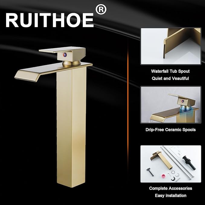 Bathroom Vessel Sink Faucet Brushed Gold, Waterfall Bathroom Faucet, Vessel Faucet, Tall Body High 1 Hole Single Handle with Pop Up Drain Combo Vanity Mixer Tap Commercial Basin Bowl Sink