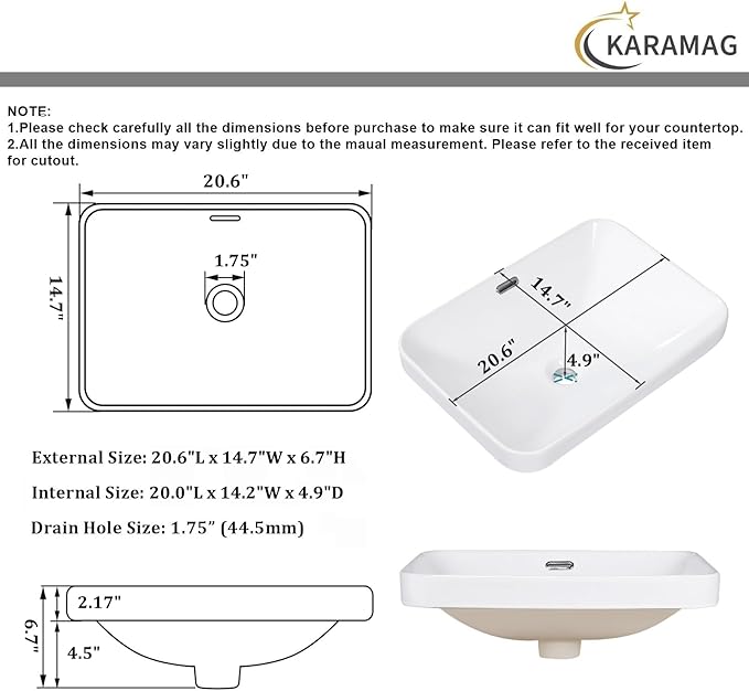 Bathroom Vessel Sink 20.6'' x 14.7'' Semi Recessed Bathroom Sink Rectangular Drop-in Vanity Sink with Overflow White Ceramic Modern Art Basin