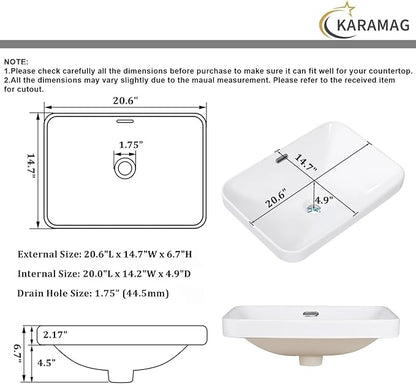 Bathroom Vessel Sink 20.6'' x 14.7'' Semi Recessed Bathroom Sink Rectangular Drop-in Vanity Sink with Overflow White Ceramic Modern Art Basin