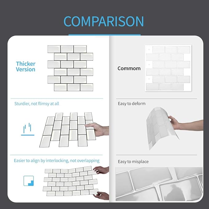 Art3d Peel and Stick Backsplash for Kitchen White Subway (10 Tiles, Thicker Design) | Thickened Design, No Warping, Durable, Self-Adhesive, Sturdy, for Kitchen, Bedroom, Ideal for New Home Buyers, Future Movers