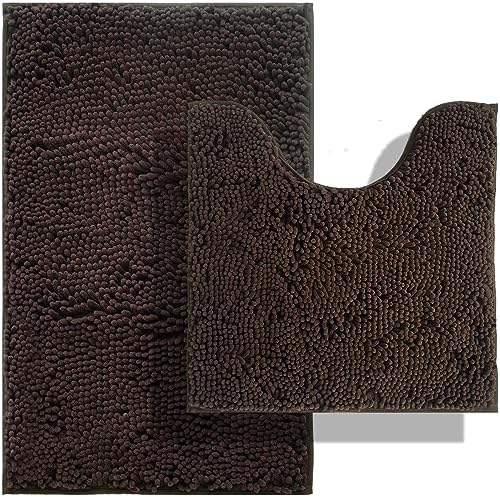 BOANKODU Bathroom Rugs Sets 2 Piece, Absorbent Bath Mat for Bathroom Very Soft Chenille Non-Slip, 32x20 Inch + 20x20 Inch U Shape Bathroom Mat, Machine Washable Bath Rugs (Coffee)